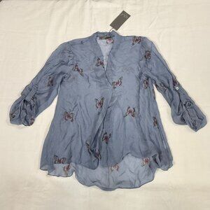 LOLA Made in Italy Silk Blend Blouse S Blue Butterfly Print Sheer Hi Low Hem NWT
